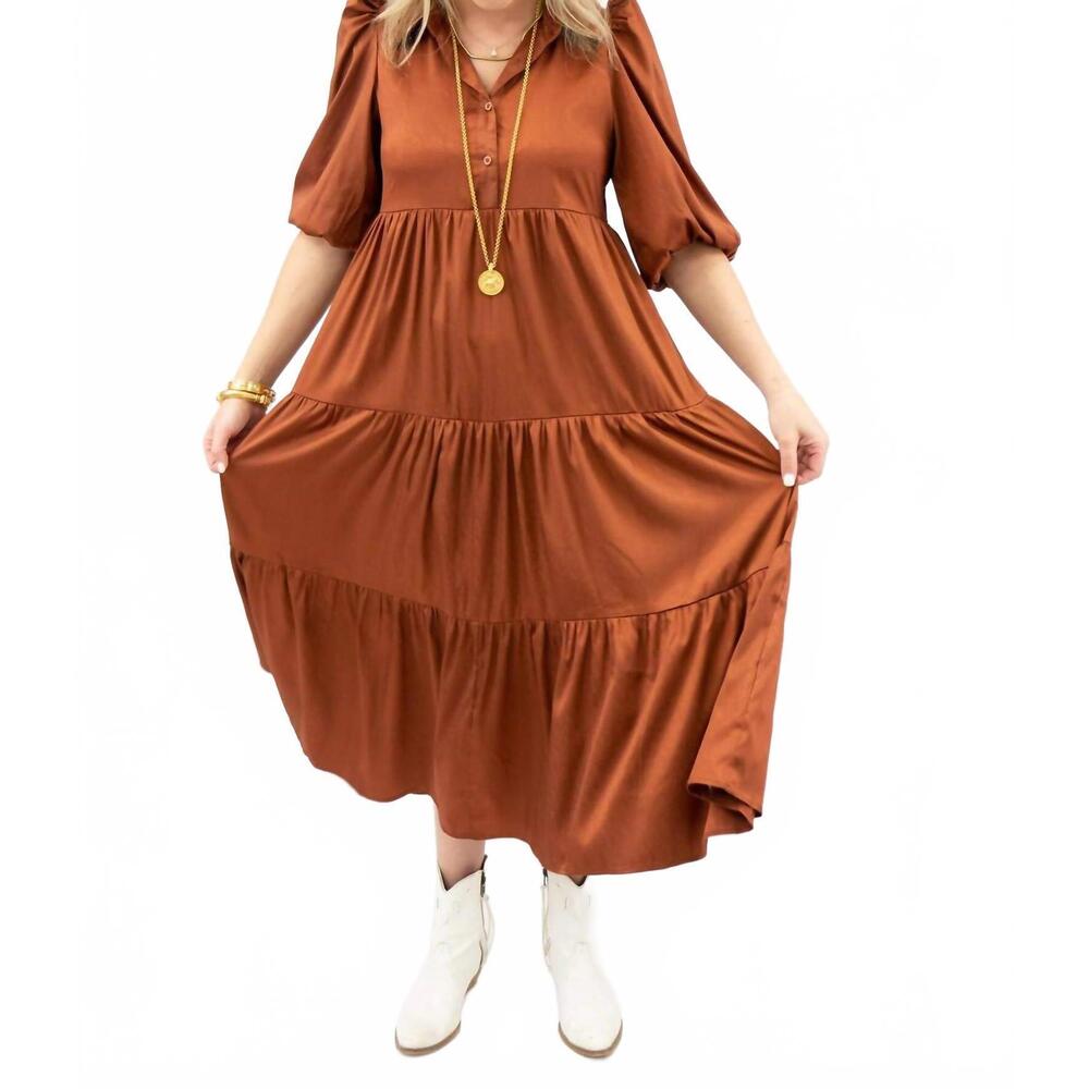 NEW PRETTY FOLLIES tiered midi dress in bronze